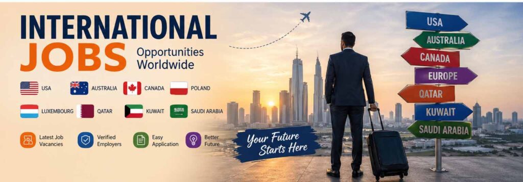 International Jobs 2026 global overseas job opportunities banner featuring professionals and world landmarks