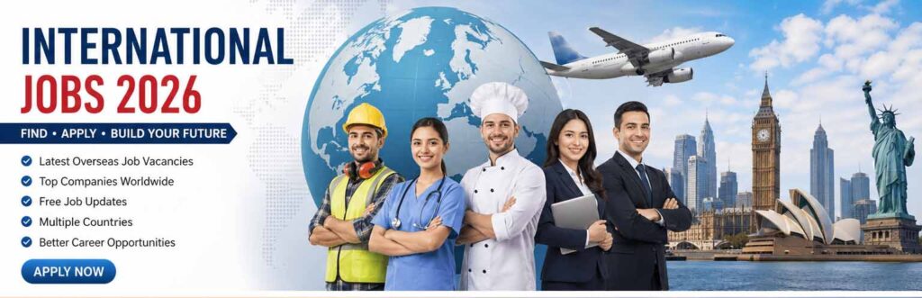 International jobs worldwide career opportunities banner showing job seeker with suitcase and country direction signs for USA Australia Canada Europe Qatar Kuwait Saudi Arabia