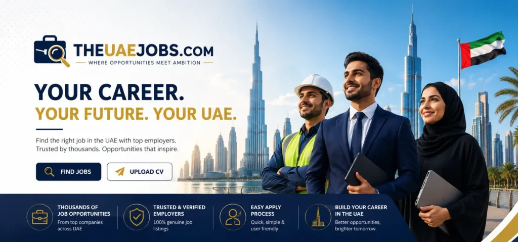 Professional UAE job portal homepage banner featuring Dubai skyline, diverse business professionals, and THEUAEJOBS.COM branding with career-focused messaging and job search call-to-action buttons.